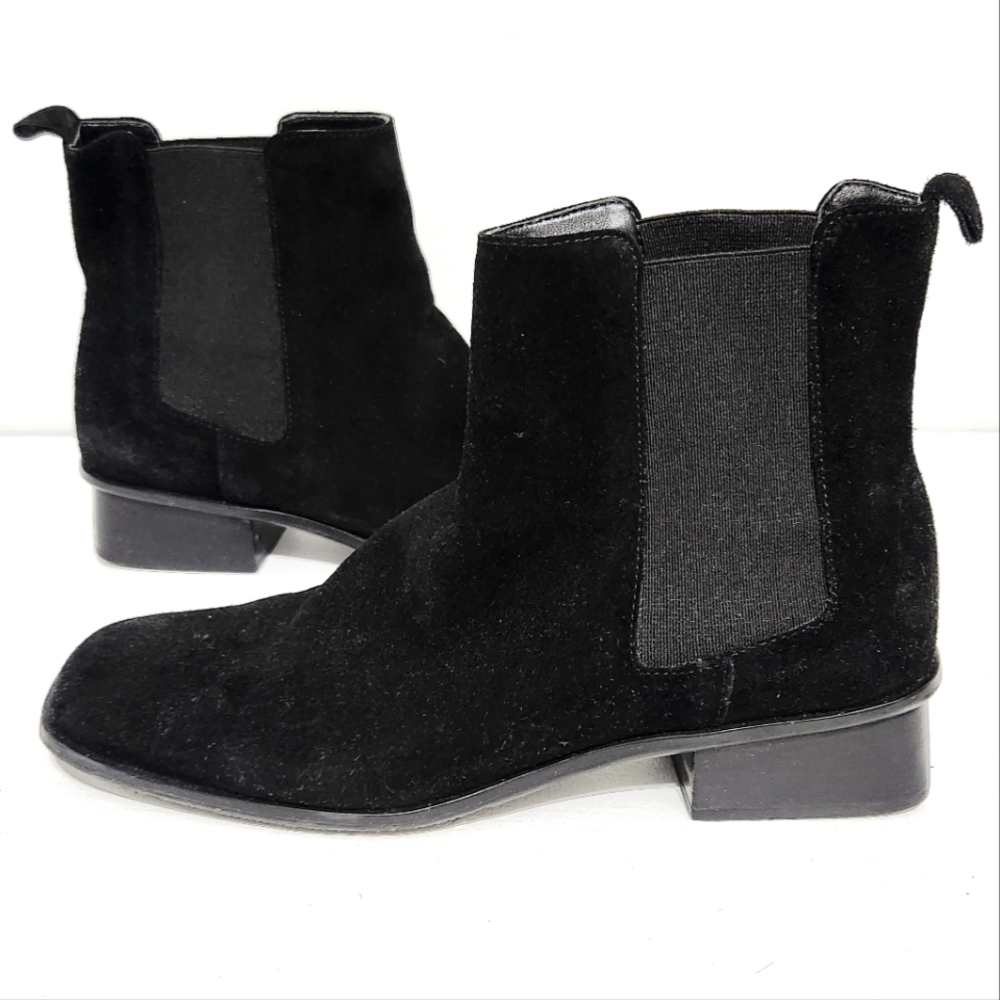 Talbots Black Suede Leather Chelsea Square Toe Low Heel Ankle Boots